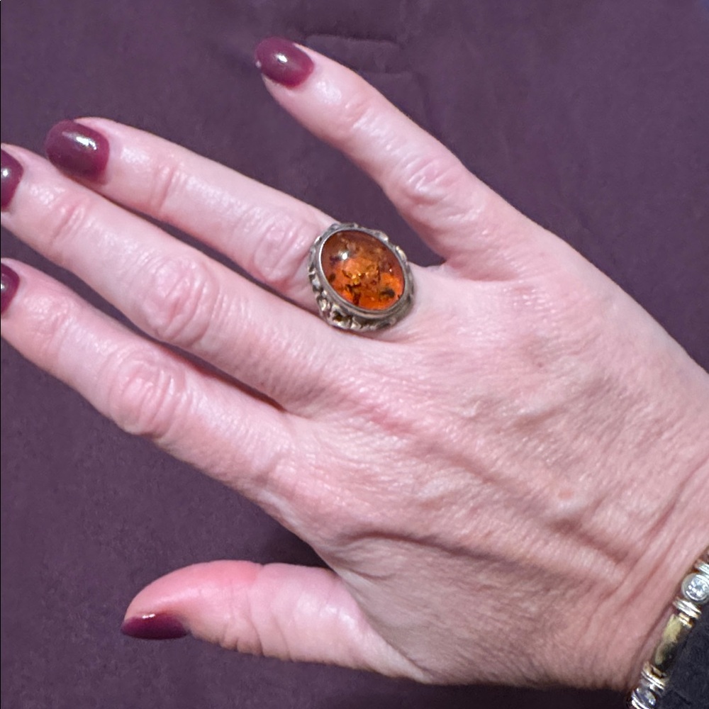 Amber Stone Silver plated Ring Size 6
